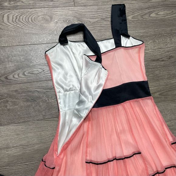 BEBE Pink Black Silk Dress Ruffle Sheer Formal Size 6 Small Midi Length - Picture 8 of 11